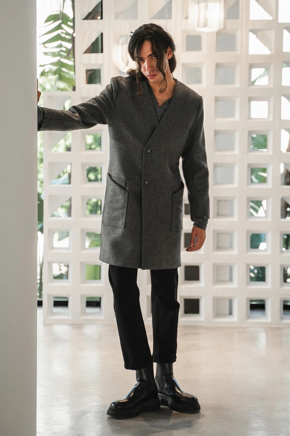 Collarless coat